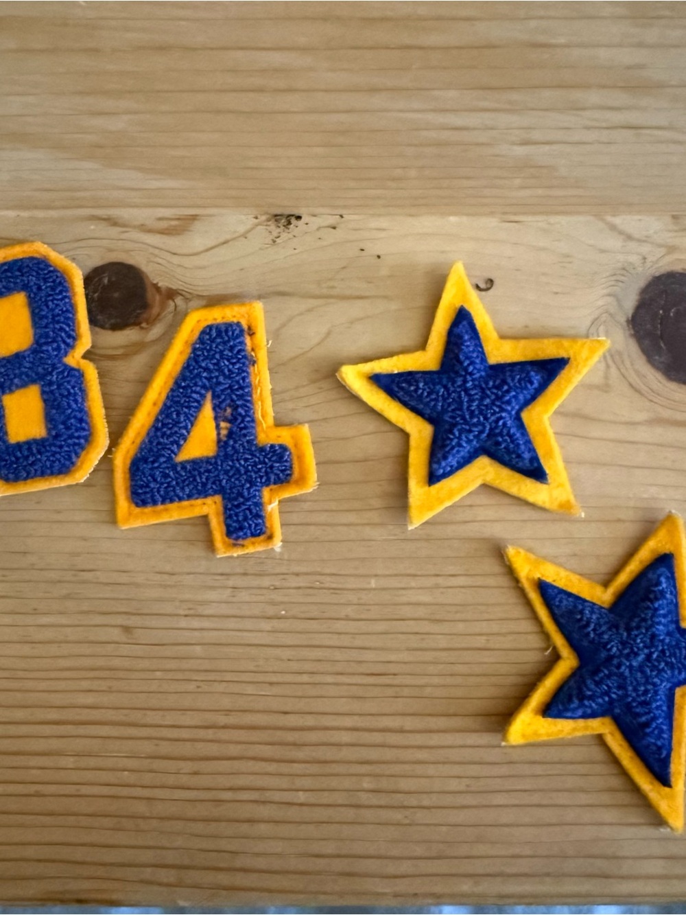 Set of 4 Vintage Navy Blue & Gold Chenille Number and Star Patches (8, 4, Stars)